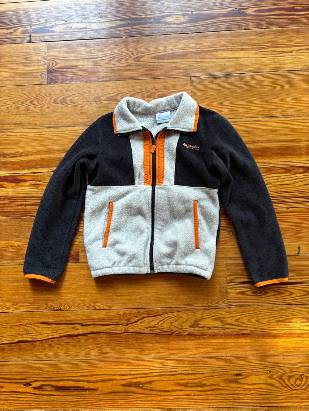 Columbia Kids Black and Cream Fleece Jacket with Orange Accents XS